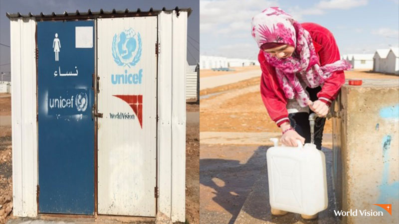 난민캠프에 설치된 화장실과 급수대. 사진