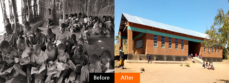 before - 허름한 오두막 안의 흙바닥에 아이들이 앉아서 책을 보는 모습. after - 새롭게 건축된 학교 건물 모습.