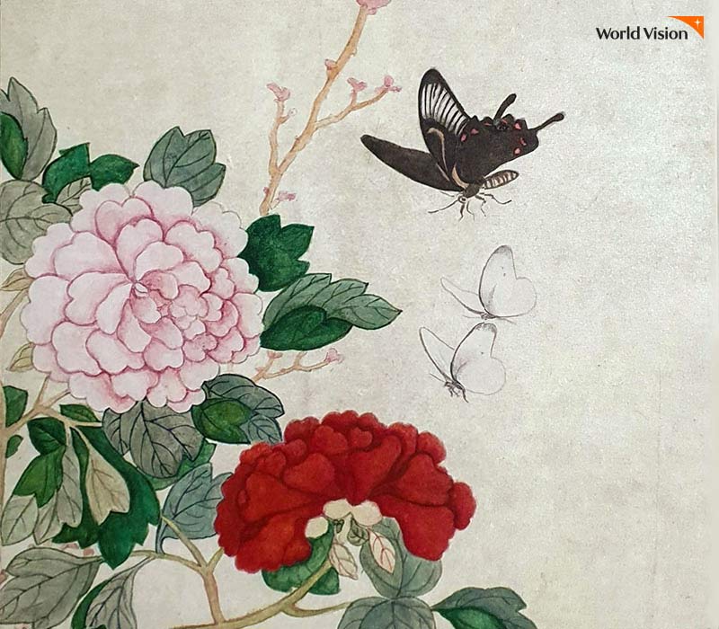 국화에 나비가 있는 한국화 그림