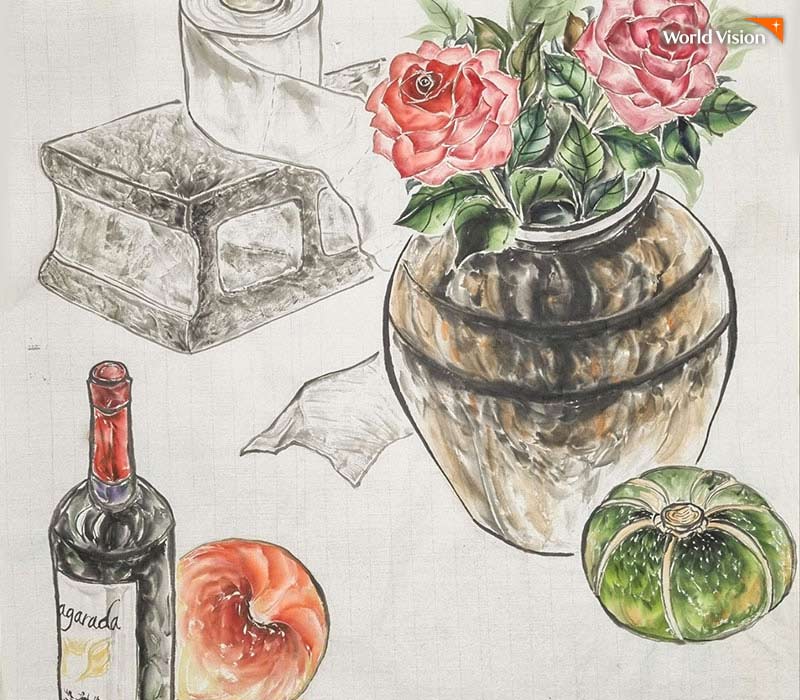꽃과 꽃병, 호박, 휴지, 벽돌, 병, 사과가 그려져있는 정물화
